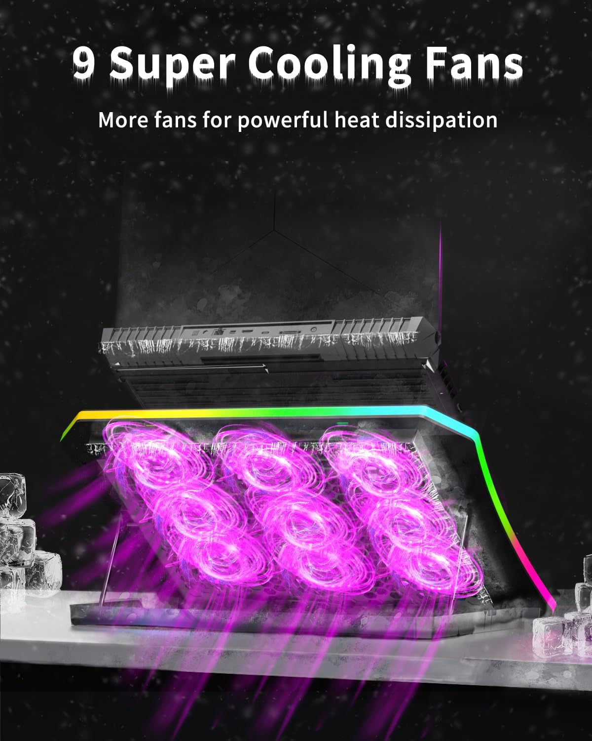 Laptop Cooling Pad, Gaming Laptop Fan Cooling Pad with 9 Quiet Fans, RGB Laptop Cooler for 15.6-17.3 Inch, Cooling Pad for Laptop with 7 Height Stands, 2 USB Ports, Phone Stand-Purple