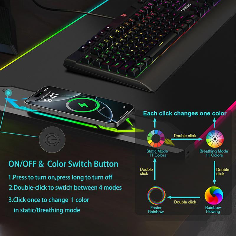 HIWE RGB Gaming Mouse Pad 15W Magnetic Wireless Charging 35X15.8 Extra Large Desk Mat 24 Light Effects Non-Slip Base Waterproof for Gamers