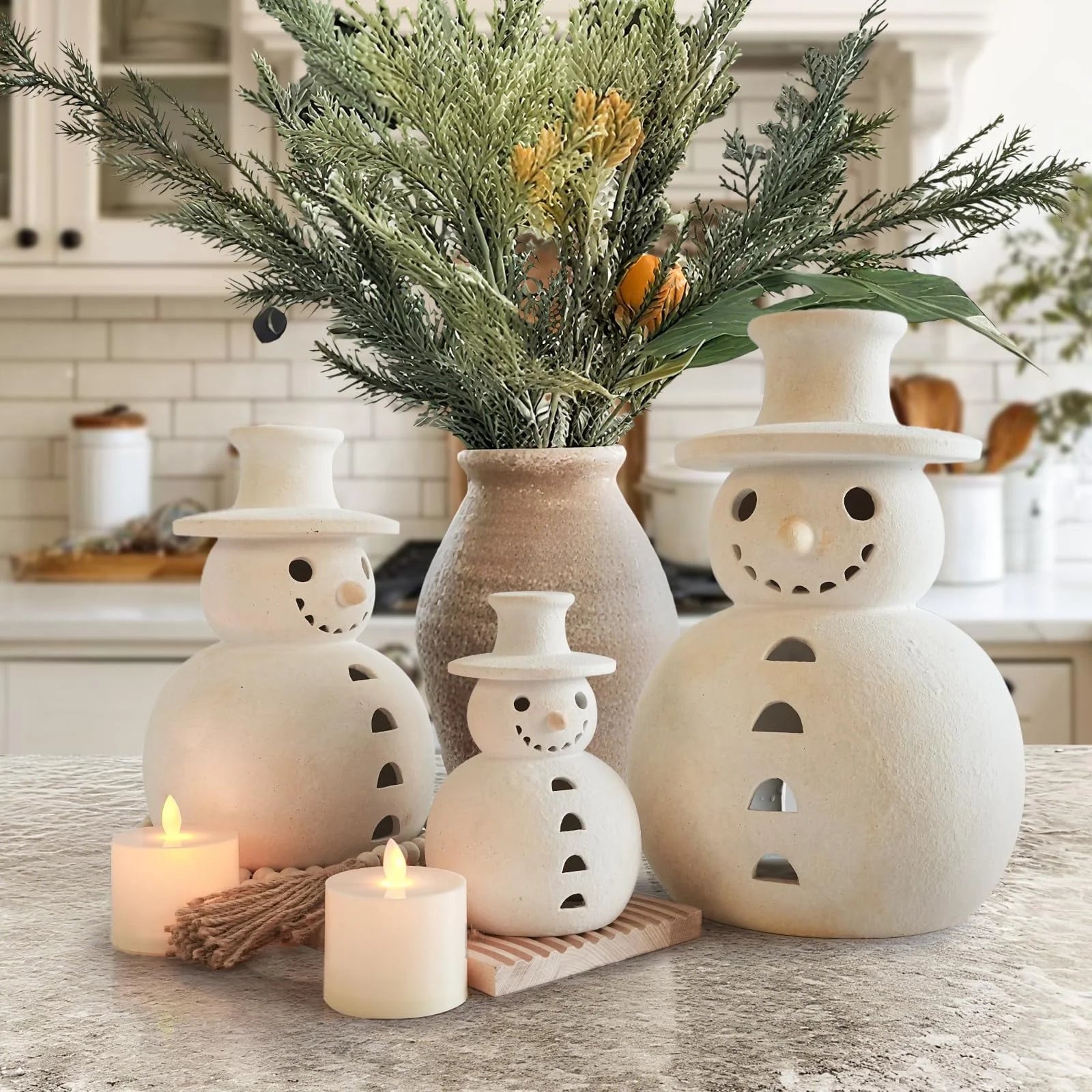 Christmas Decorations Indoor Outdoor- 1 Pack Handmade Terracotta Snowman Figurines - White Clay Winter Decor Holiday Rustic Unique Decor for Home Table Room Farmhouse