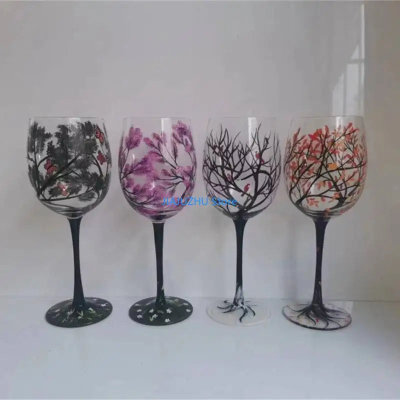066E Four Seasons Tree Wine Glass Hand-Painted Art Glassware Unique Glasses Drinkware for Home Office Decorative Gift Cups