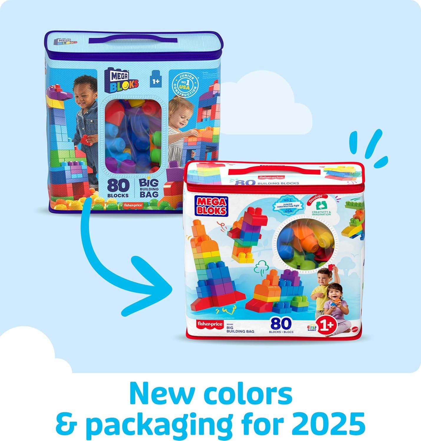 MEGA BLOKS First Builders Toddler Blocks Toys Set, Big Building Bag with 80 Pieces and Storage, Ages 1+ Years