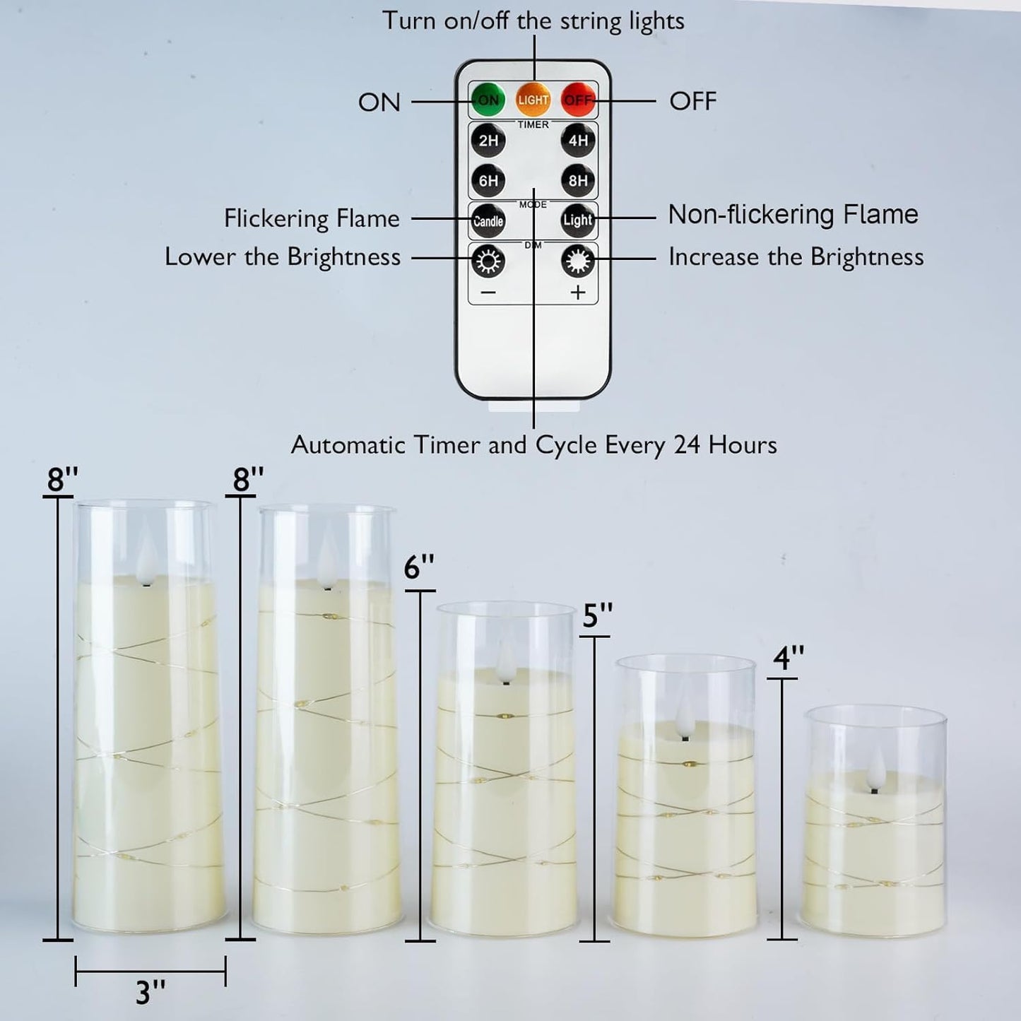 Flameless Candles with Embedded Star String Fairy Lights, Battery Operated Candles, LED Candle, Fake Candles with Remote Control and Timer, Ivory, Set of 5(H4 5" 6" 8" 8")