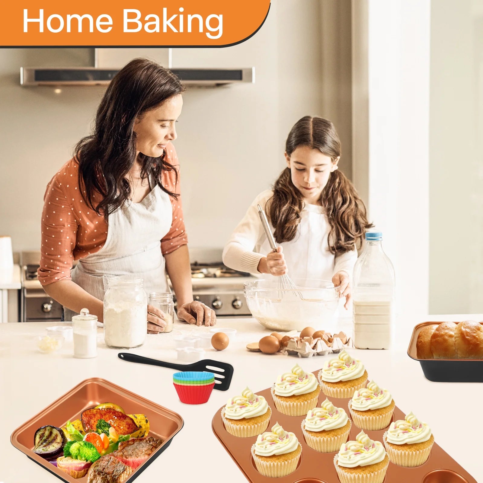 6 Piece Bakeware Set Nonstick,Steel Baking Sheets Pan for Oven,Kitchen Baking Set with Muffin Pan,Loaf Pan,Cake Pans