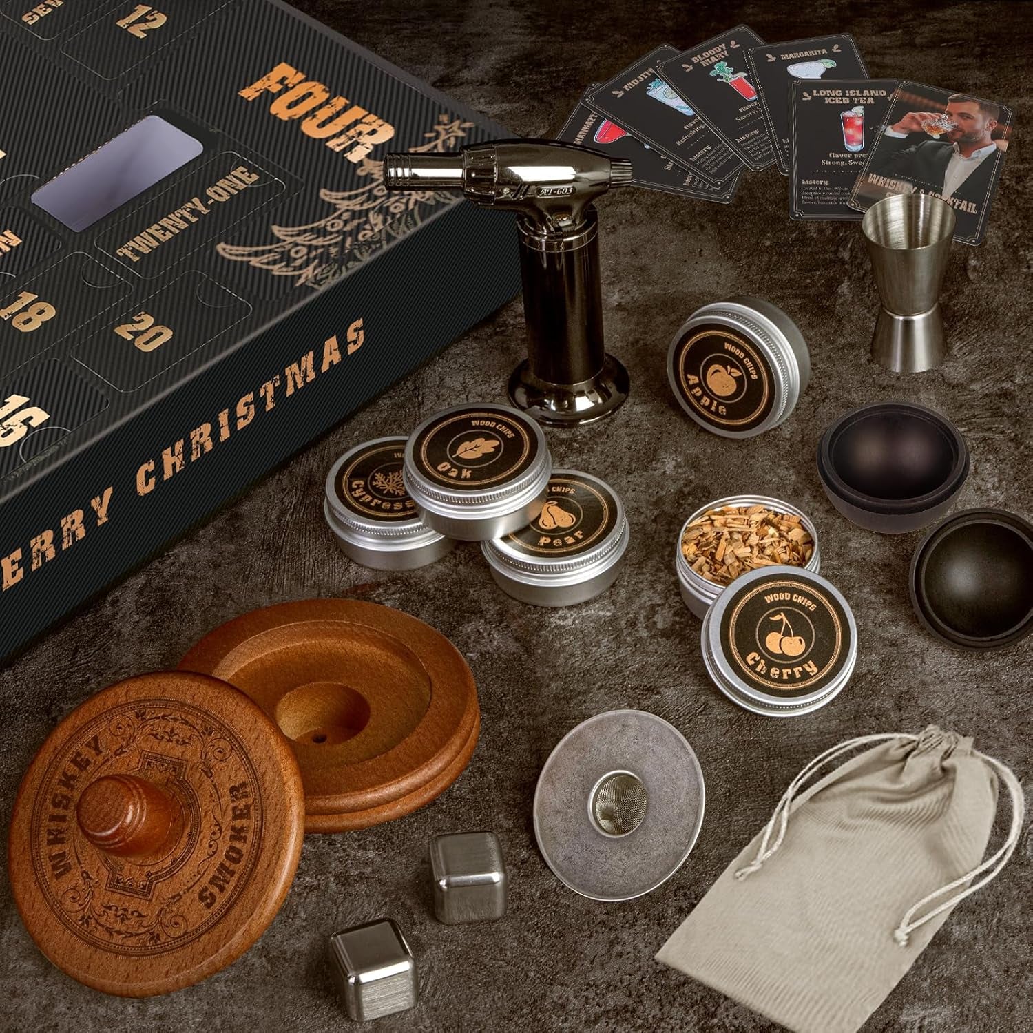 Whiskey Advent Calendar 2025 for Men, 24-Day Bourbon Smoker Infuser Kit for Cocktail and Whisky Lovers, Perfect Christmas and Holiday Gift for Husband, Dad, Boyfriend, Him(No BUTANE)
