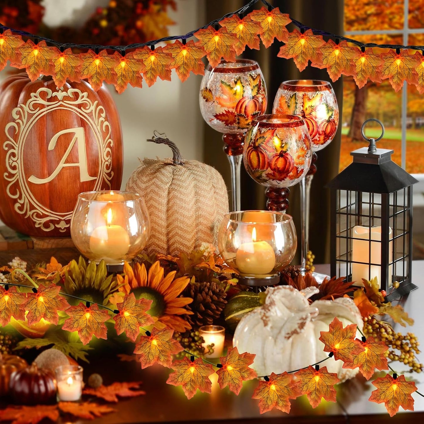 Fall Decor Orange Maple Leaf String Lights Plug In, 13.6Ft LED Outdoor Thanksgiving Decorations Lights with 35 Maple Leaves Light, Hanging Halloween Leaves Light for Outdoor Fall Party Window