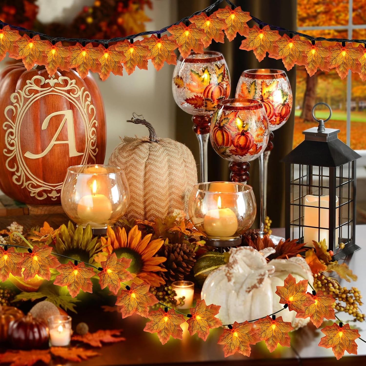Fall Decor Orange Maple Leaf String Lights Plug In, 13.6Ft LED Outdoor Thanksgiving Decorations Lights with 35 Maple Leaves Light, Hanging Halloween Leaves Light for Outdoor Fall Party Window