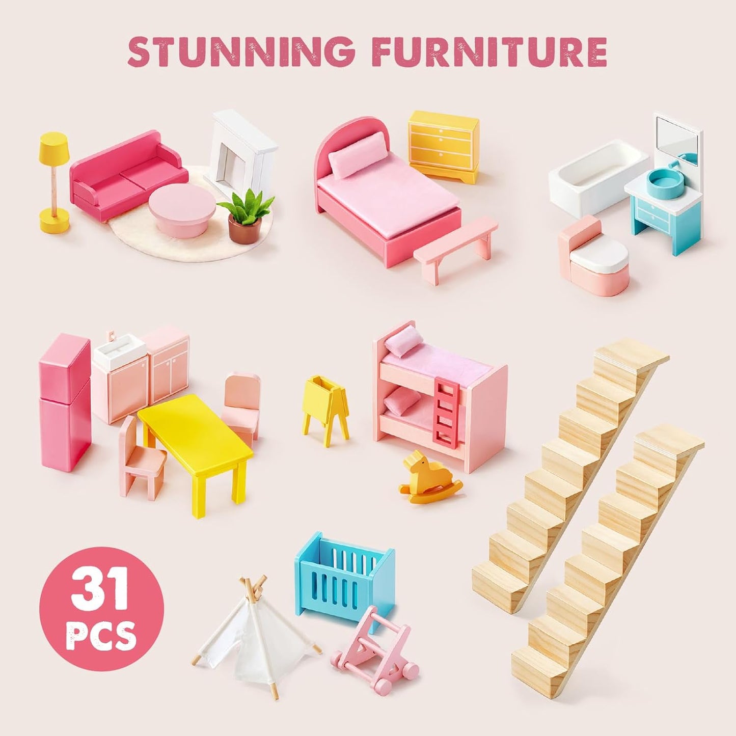 Wooden Dollhouse for Girls - 6 Rooms Wooden Doll House, DIY Pretend Doll House with 31Pcs Furniture Accessories, Creative Gift for Girl Ages 3+