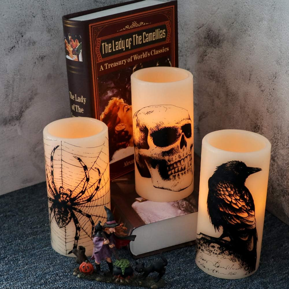 Halloween LED Flameless Flickering Candles Battery Operated with 6H Timer Skull Spider Web Crow Raven Spooky Decals Halloween Themed Indoor Decoration(3 Pack, D3 X H6)