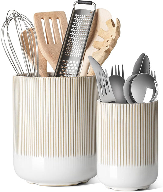 Utensil Holder, 7.3"+5.4" Ceramic Kitchen Utensil Holder for Countertop, Large Cooking Utensil Crocks Gift for Mom, Boho Farmhouse Kitchen Decor, Set of 2, Reactive Glaze Arctic White