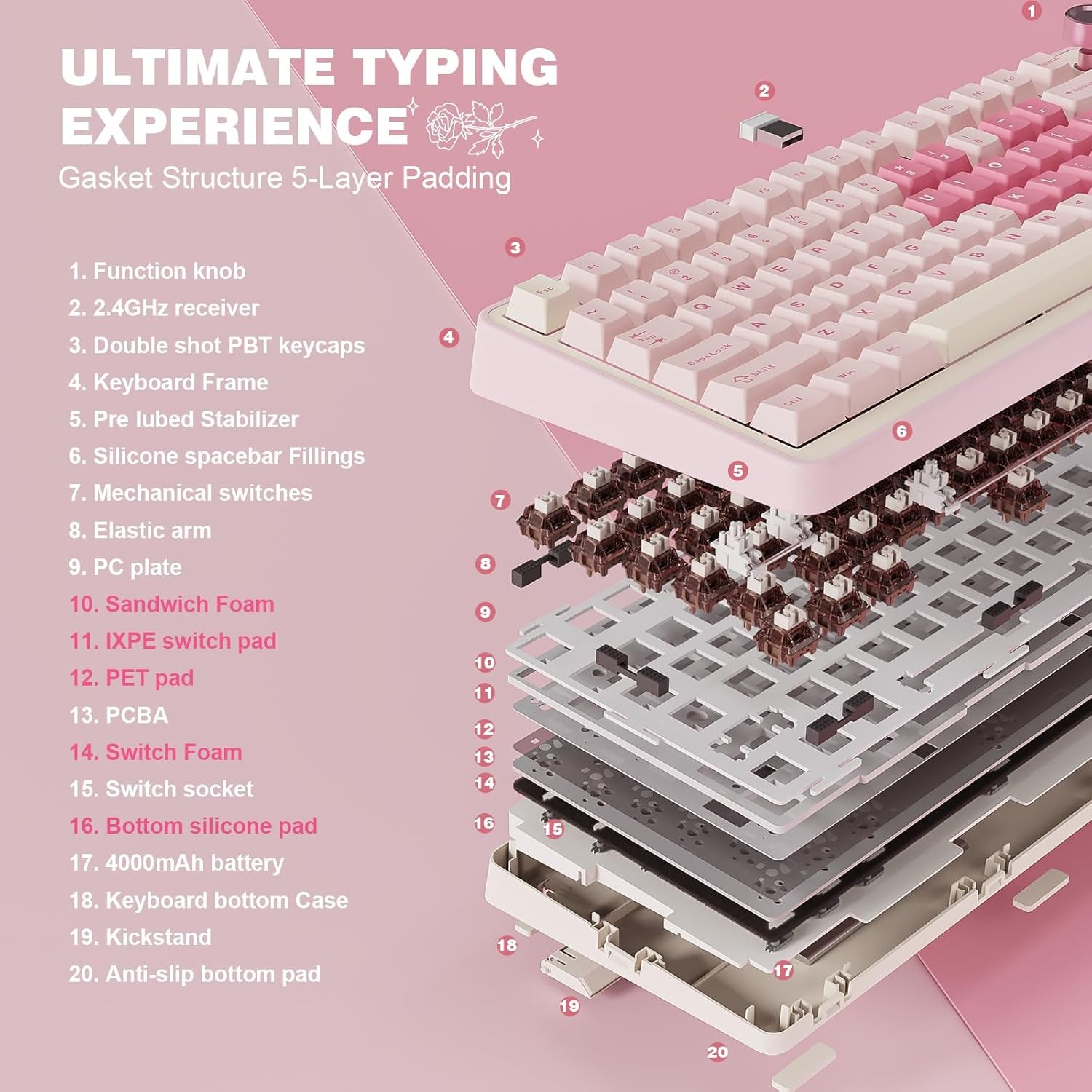 B75 PRO Wireless Mechanical Keyboard,75% Layout with Knob,Hot Swap Gasket Custom Structure,Creamy Pre-Lubed Switches,Rgb Backlit,Bluetooth/Type-C/2.4G for Win/Mac(Cocoa Cream V2 Switch,Pink)
