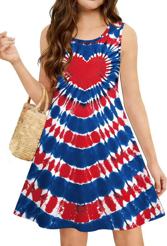 Girls 4Th of July Dress: Red White and Blue Dresses Kids Girls a Line Sleeveless Sundress 5-12 Years
