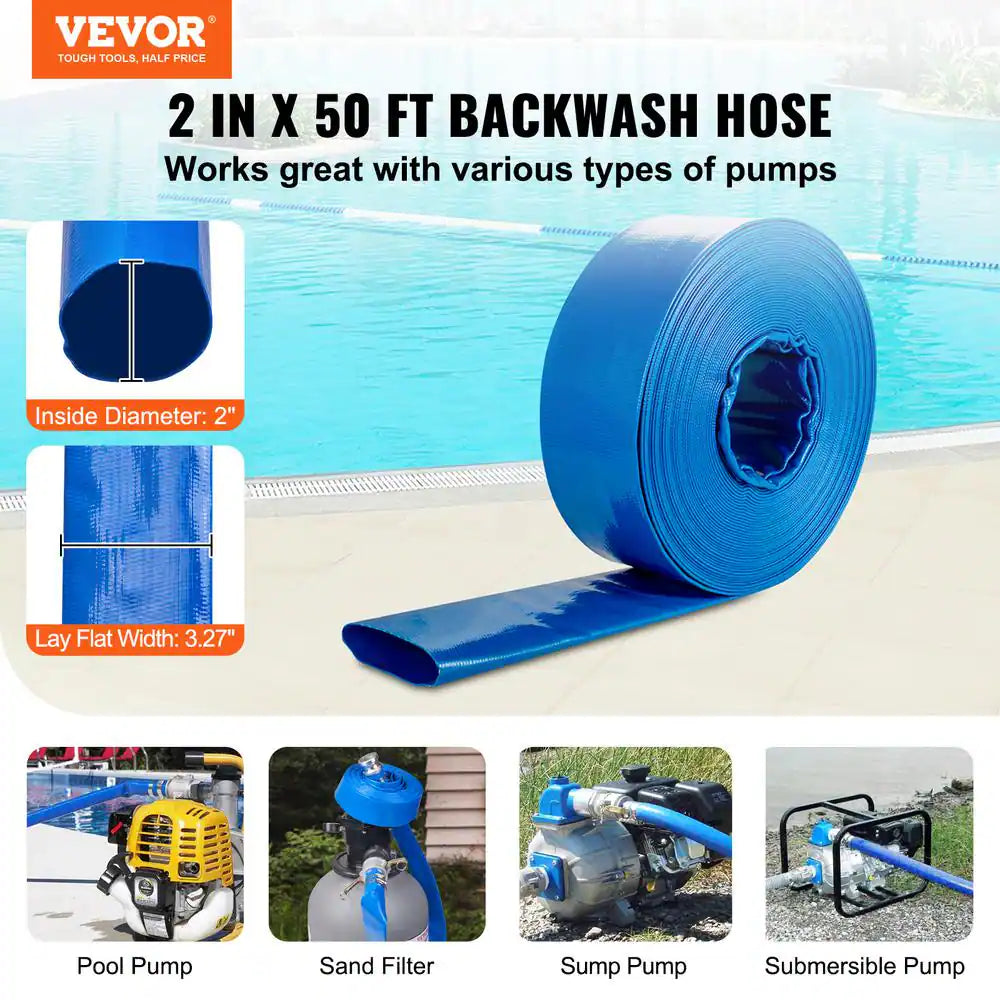Backwash Hose 50 Ft. X 2 In. PVC Flat Discharge Hose with Aluminum Camlock C and E Fittings Clamps for Pump Sand Filter