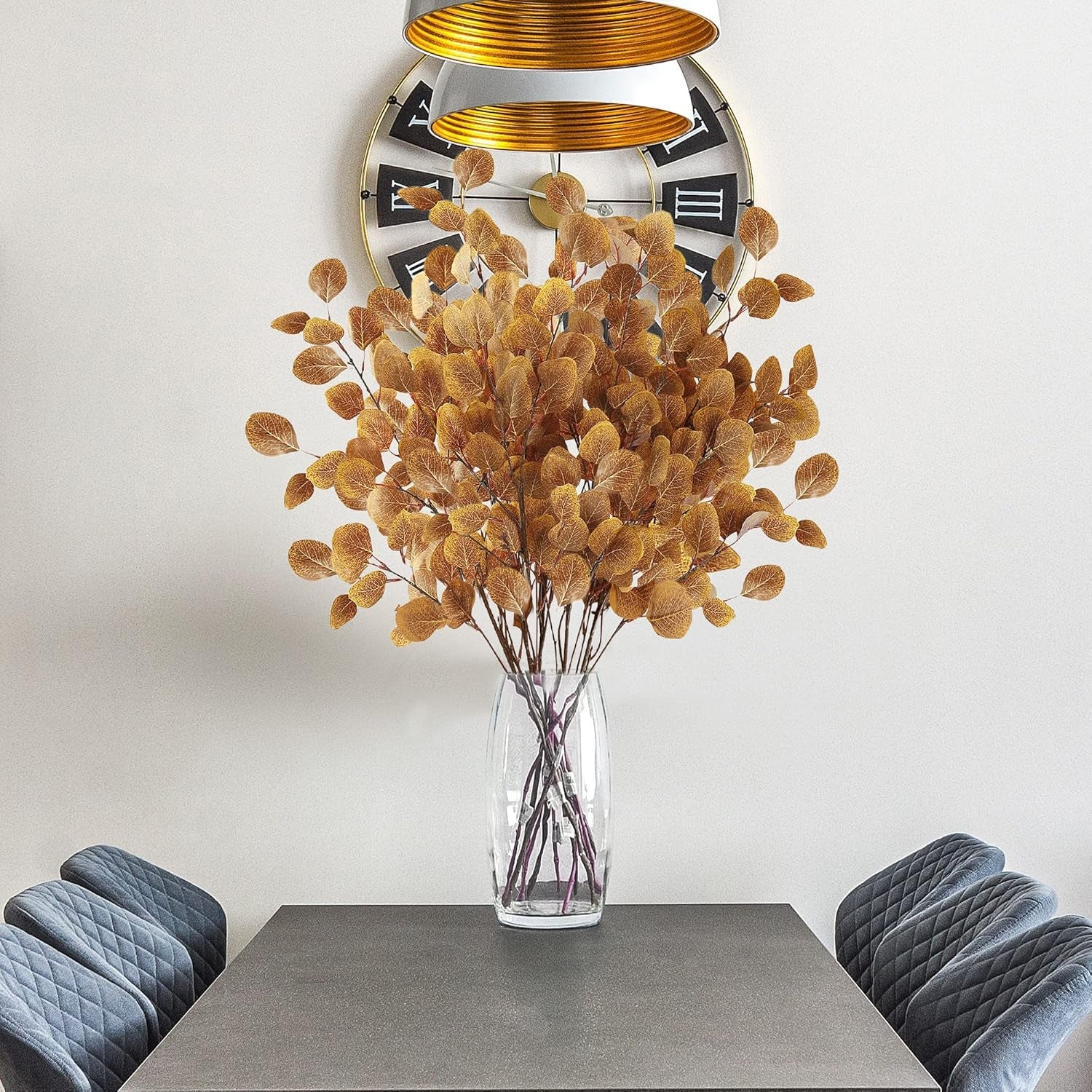 6 Pcs Fall Eucalyptus Leaves Artificial Eucalyptus Stems Long Silver Dollar Leaves Autumn Leaf Branches Fake Silk Eucalyptus for Christmas Home Autumn Thanksgiving Decor(Dark Yellow)