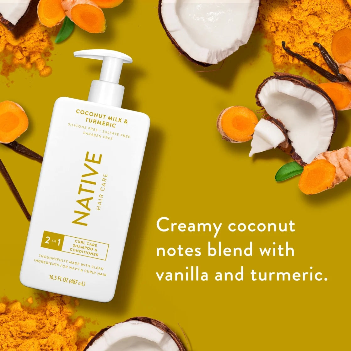 Curls Care 2In1 Shampoo and Conditioner, Coconut Milk & Tumeric, 16.5 Oz