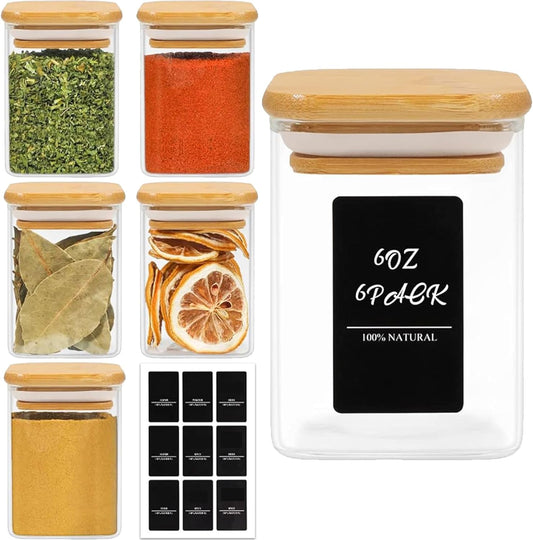 6Pcs 6 Oz Spice Jars with Label Trial Set, Glass Spice Jars with Bamboo Lids Supplementary Set, Seasoning Container Trial Pack, Perfect for Ktichen Starter