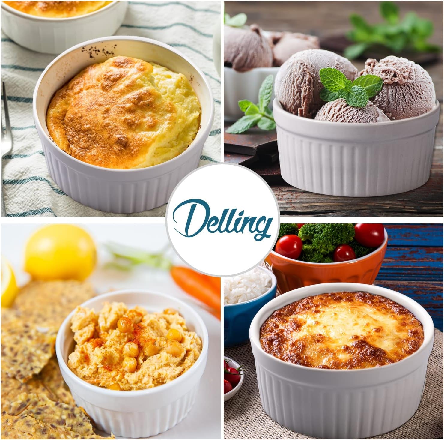 Ramekins 12 Oz Oven Safe, Creme Brulee Set, 6 PACK Porcelain Souffle Dish for Baking, Soup Bowls for French Onion Soup White