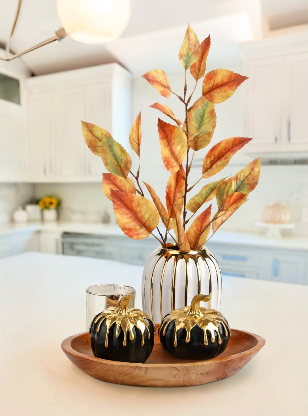 Fall Pumpkin Decor 2 PCS Black and Gold Resin Pumpkin Fake Pumpkins for Decorating Figurines Artificial Pumpkins Centerpiece Rustic Farmhouse Halloween Table Fall Decorations for Home