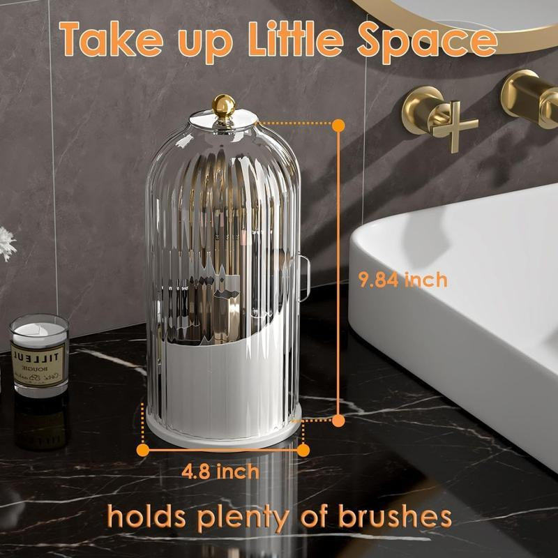 Makeup Brushholder Organizer with Cover 360 Rotating Clear Dustproof Waterproof 3 Slots Bathroom Countertop Organizer for Vanity Makeup & Toothbrush Holder Grey White Cartoon Pattern