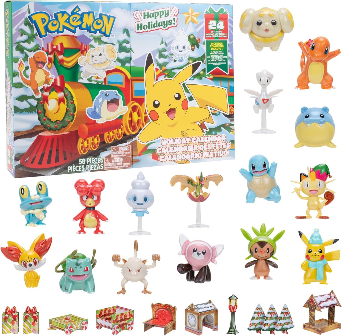 2025 Holiday Christmas Advent Calendar 24 Piece Gift Playset - Officially Licensed - Includes 2" Pikachu, Bulbasaur, Charmander & More - 16 Toy Figures & 8 Accessories - Kids, Boys, Girls - 4+