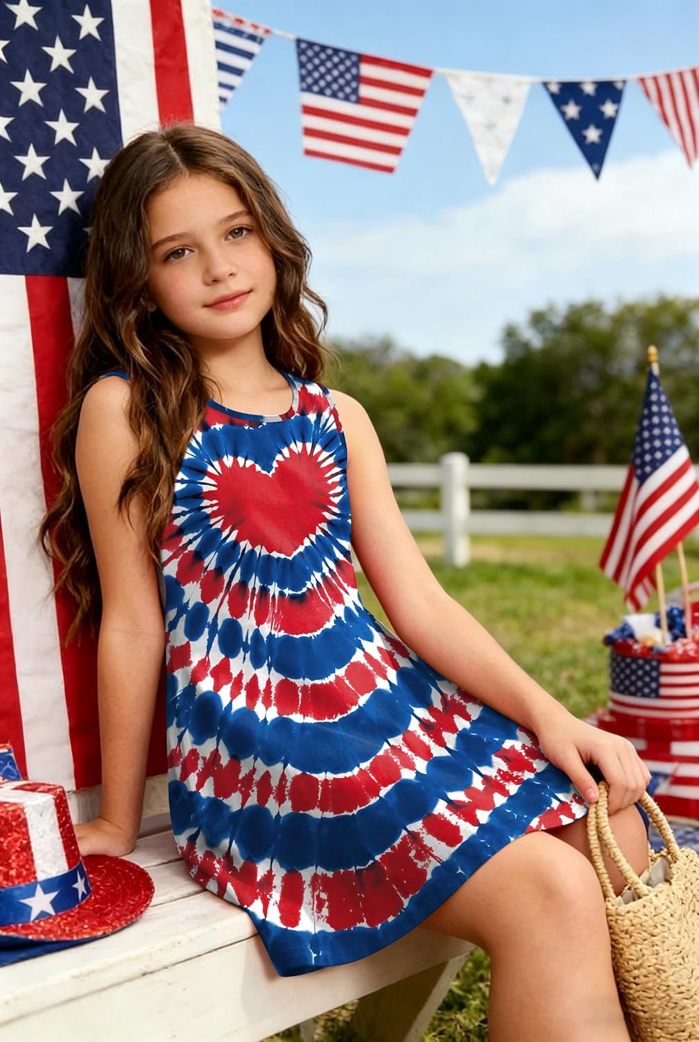 Girls 4Th of July Dress: Red White and Blue Dresses Kids Girls a Line Sleeveless Sundress 5-12 Years