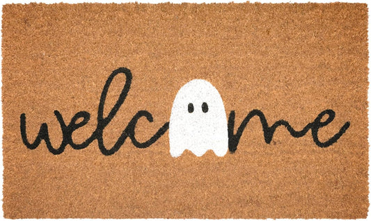Halloween Welcome Door Mat - 30"X17" Welcome Ghost Coir Front Doormat with Anti-Slip PVC Backing, Indoor Outdoor Mats for Entryway, Porch, Durable Coconut Fiber Mat, Natural Home Decor