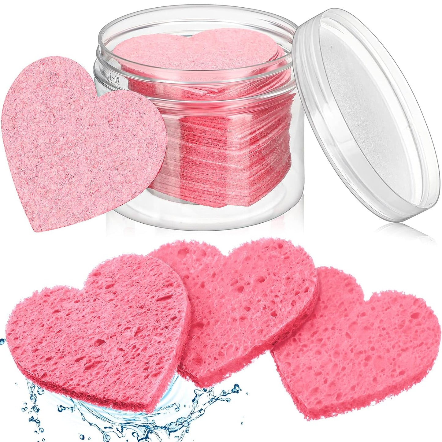 60 Pieces Facial Sponges with Container, Heart Shape Compressed Face Sponges Natural Cleaning Pads for Washing Face Cleaning Exfoliating Esthetician Makeup Removal(Pink)