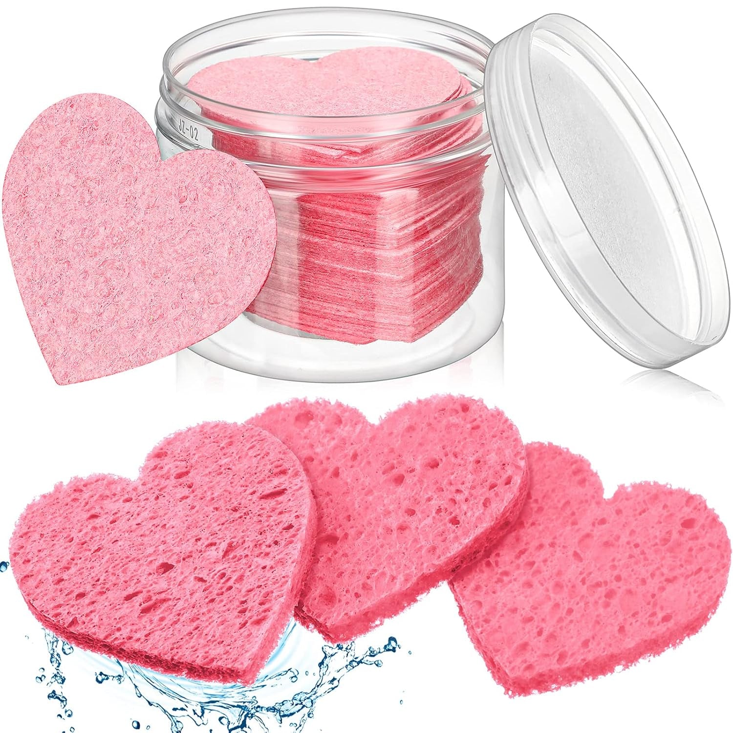 60 Pieces Facial Sponges with Container, Heart Shape Compressed Face Sponges Natural Cleaning Pads for Washing Face Cleaning Exfoliating Esthetician Makeup Removal(Pink)