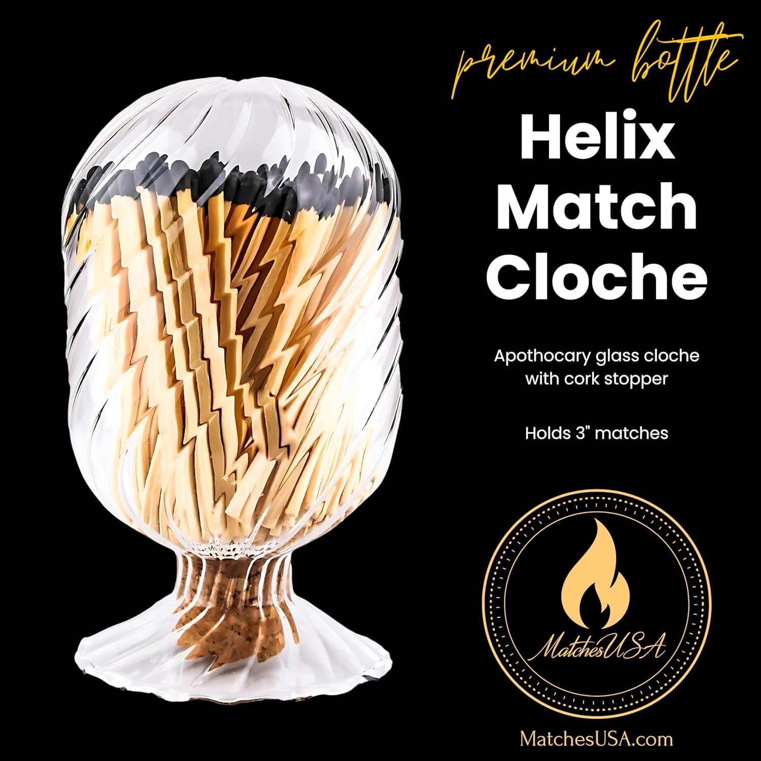 Includes Matches! | Helix Shaped Glass Matches Cloche | Spiral Decorative Match Holder Jar for Candles Set Display (Black Matches)