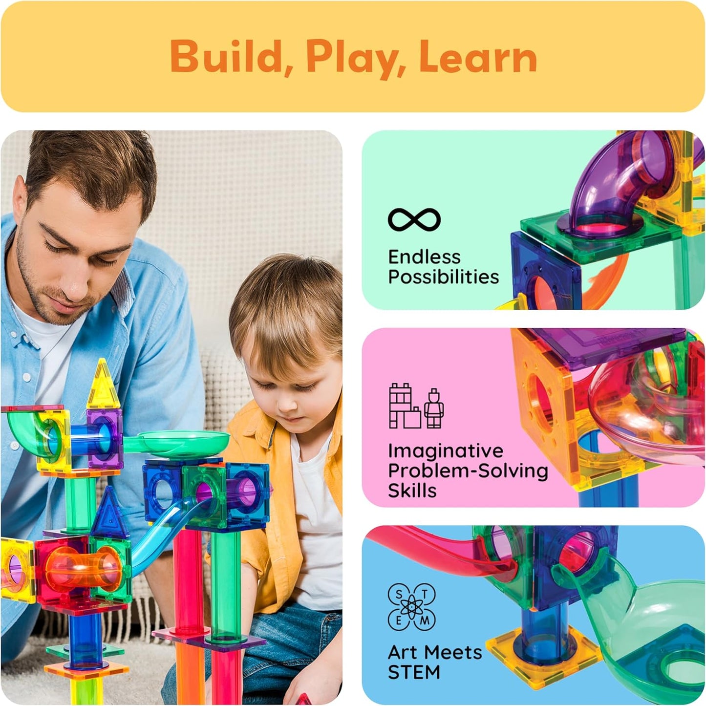 100Pc Magnetic Marble Run Set with Racing Track Tiles Funnels Curved Slopes and Steel Balls for Kids STEM Construction Indoor Learning Toy That Promotes Focus and Problem Solving PTG100