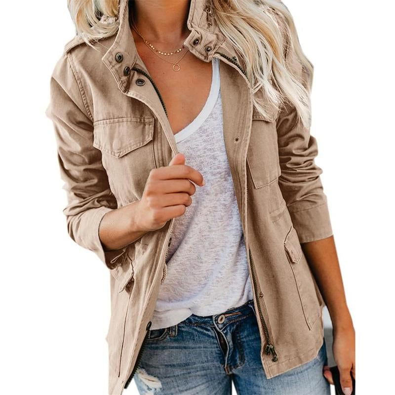 Yousify Womens Military Jacket Zip up Snap Buttons Lightweight Utility Anorak Field Safari Coat Outwear with Pocket