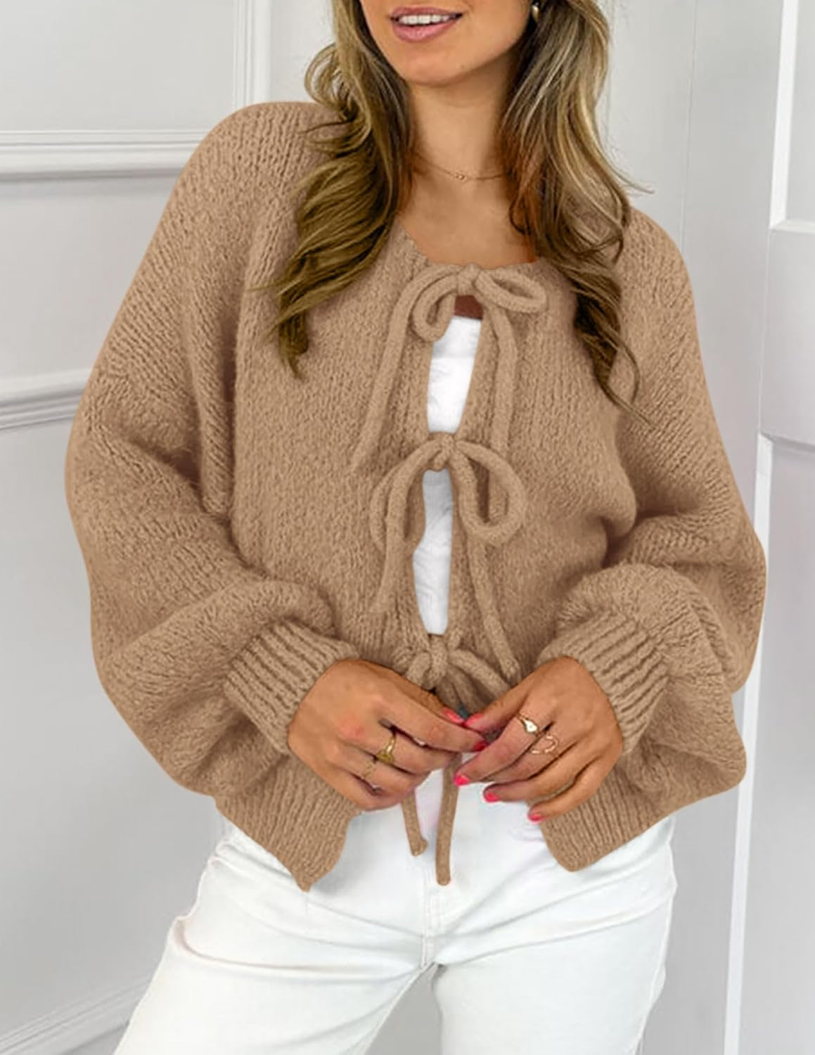 Women'S Tie Front Bow Cardigan Sweaters Chunky Knit Long Puff Sleeve Trendy Fall Winter Jacket Coats