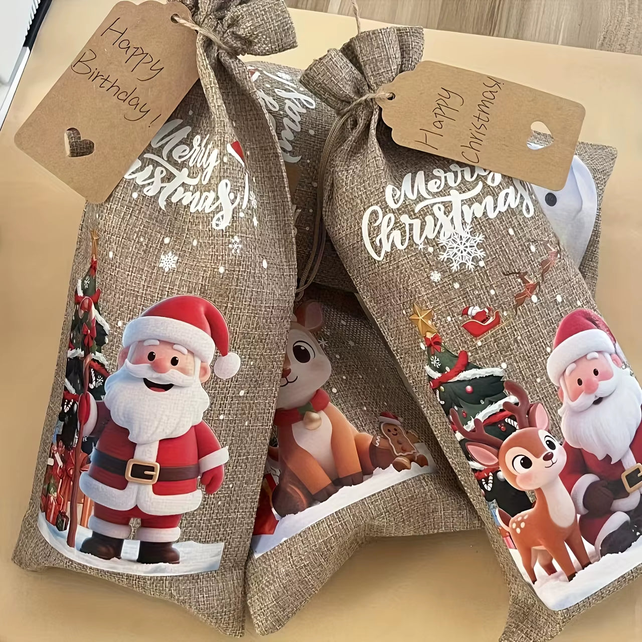4/8Pcs Christmas Wine Bottle Bags with Drawstring Burlap Reusable Fabric Gift Bags with Blank Labels and Rope Suitable Christmas