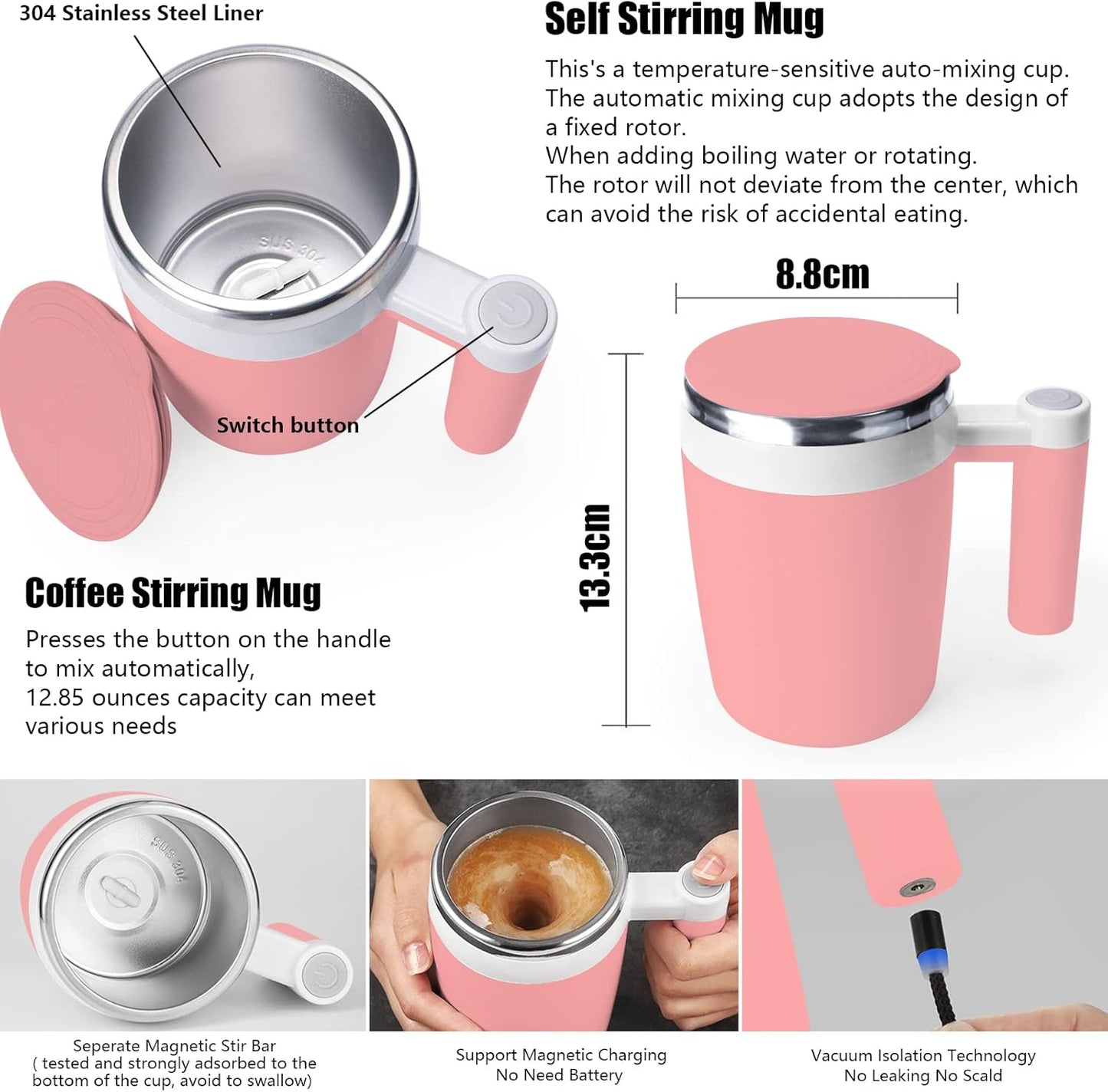 Self Stirring Mug,Rechargeable Auto Magnetic Coffee Mug with 2Pc Stir Bar,Waterproof Automatic Mixing Cup for Milk/Cocoa at Office/Kitchen/Travel 14Oz Best Gift - Pink