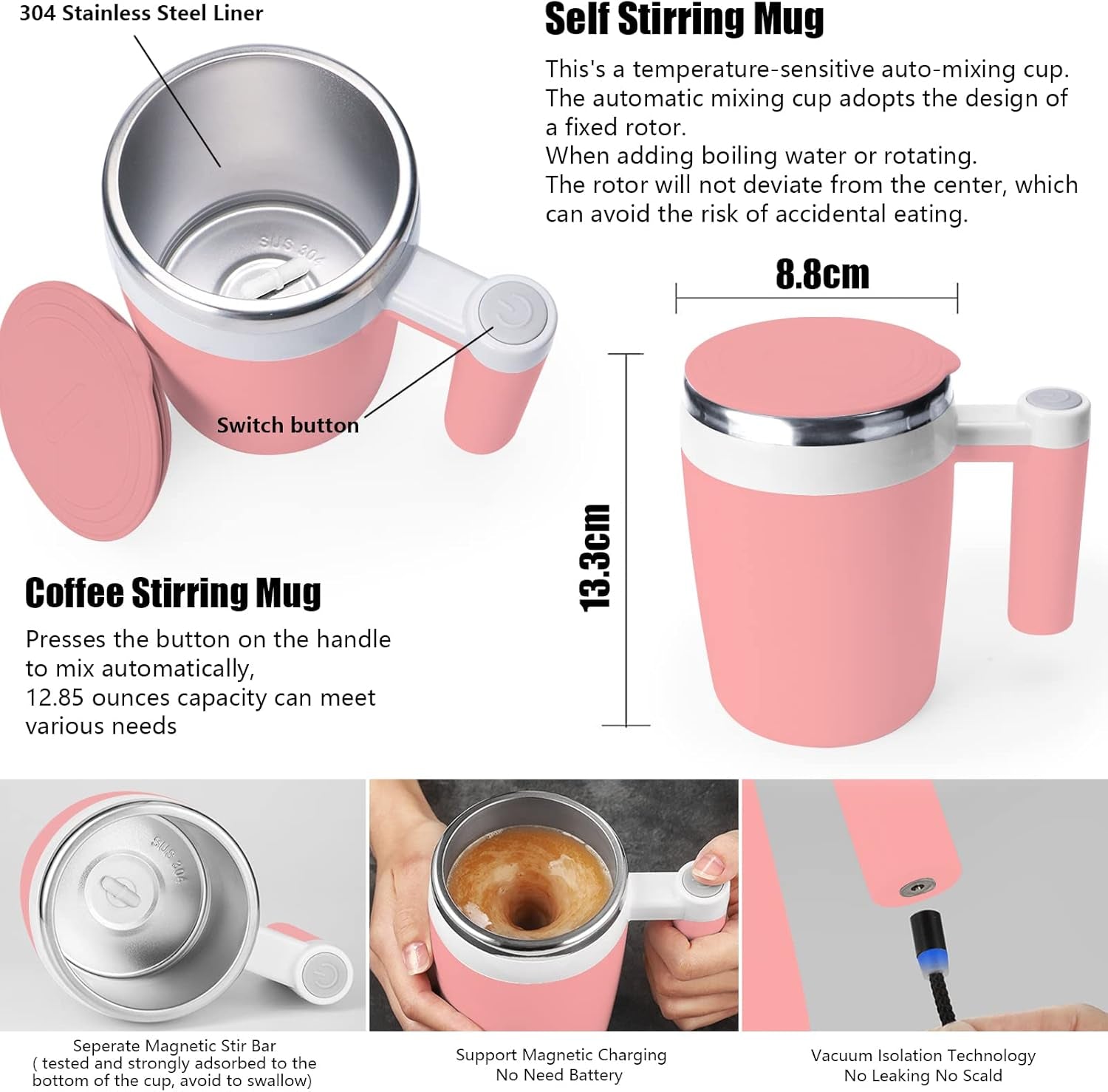 Self Stirring Mug,Rechargeable Auto Magnetic Coffee Mug with 2Pc Stir Bar,Waterproof Automatic Mixing Cup for Milk/Cocoa at Office/Kitchen/Travel 14Oz Best Gift - Pink