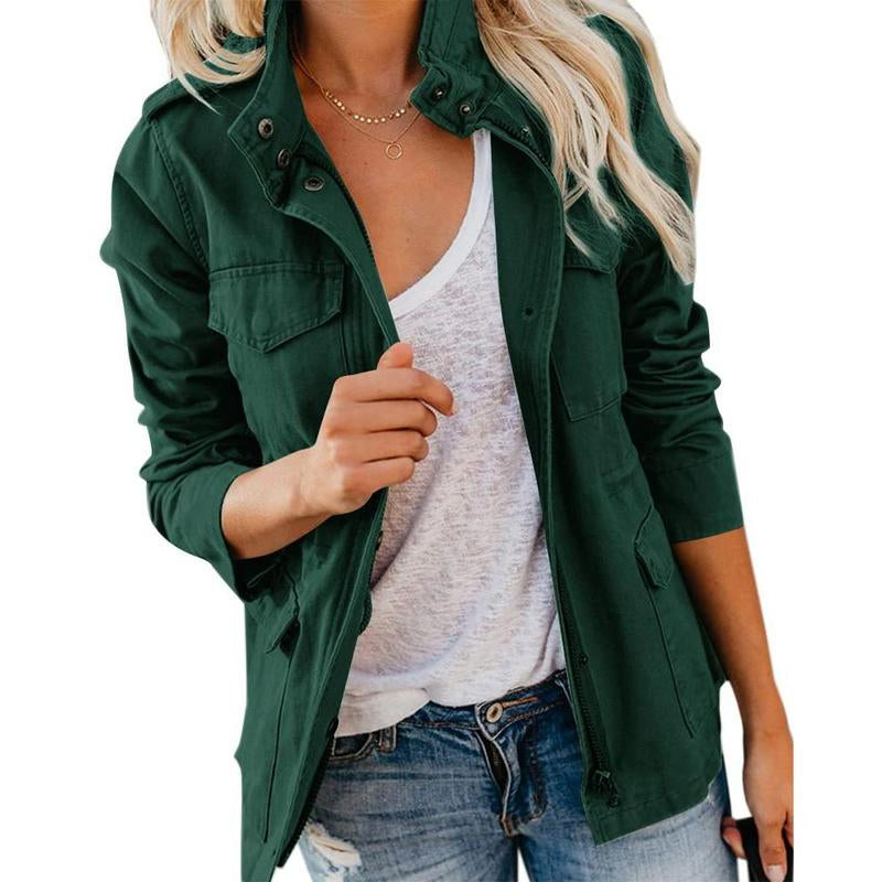 Yousify Womens Military Jacket Zip up Snap Buttons Lightweight Utility Anorak Field Safari Coat Outwear with Pocket