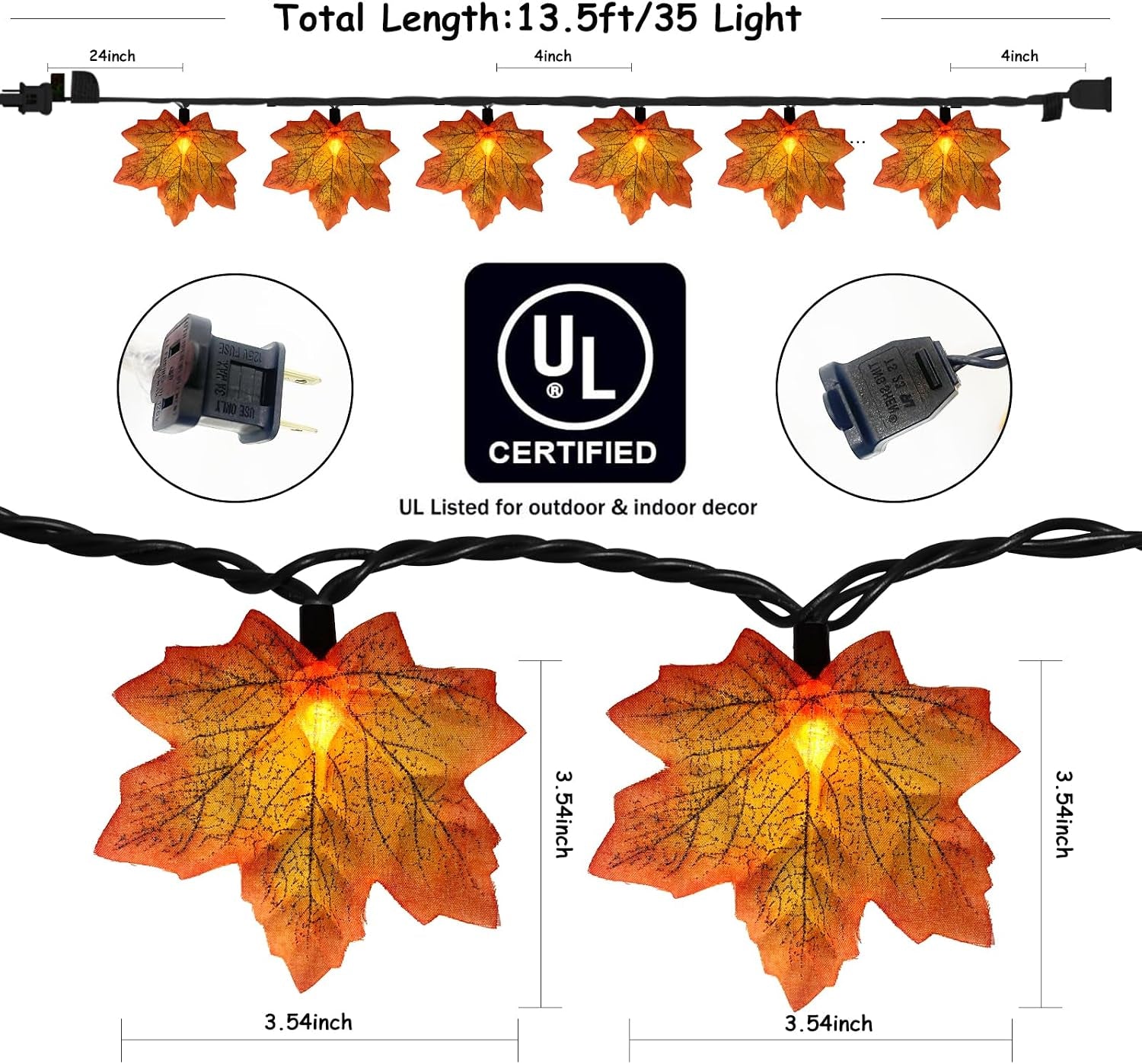 Fall Decor Orange Maple Leaf String Lights Plug In, 13.6Ft LED Outdoor Thanksgiving Decorations Lights with 35 Maple Leaves Light, Hanging Halloween Leaves Light for Outdoor Fall Party Window