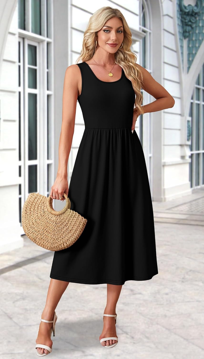 Summer Dresses for Women Flowy Casual Midi Dress Beach Vacation Sundresses with Pockets