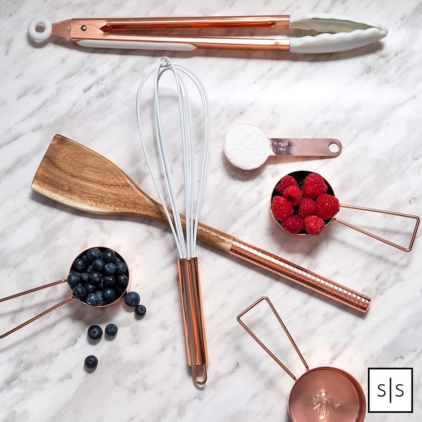 Copper Measuring Cups and Spoons Set – 8-Piece Stackable Stainless Steel Metal Measuring Utensils – Stylish and Sturdy Rose Gold Kitchen Accessories for Baking and Cooking