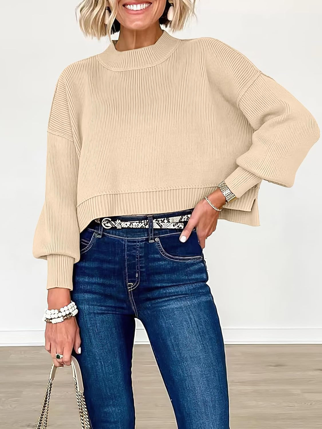 Womens Cropped Sweaters Oversized Crewneck Long Batwing Sleeve Side Slit Ribbed Knit Pullover Tops 2025 Fall Clothes