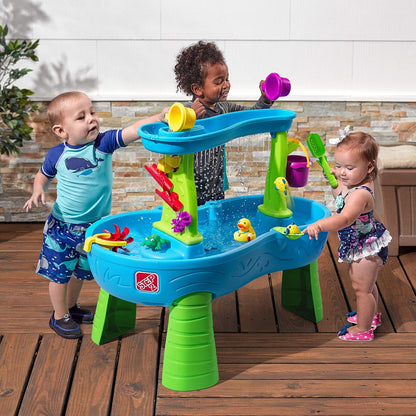 Rain Showers Splash Pond Water Table, Kids Water and Sand Activity Sensory Playset, Summer Outdoor Toys, 13 Piece Water Toy Accessories, for Toddlers 1.5+ Years Old, Blue & Green