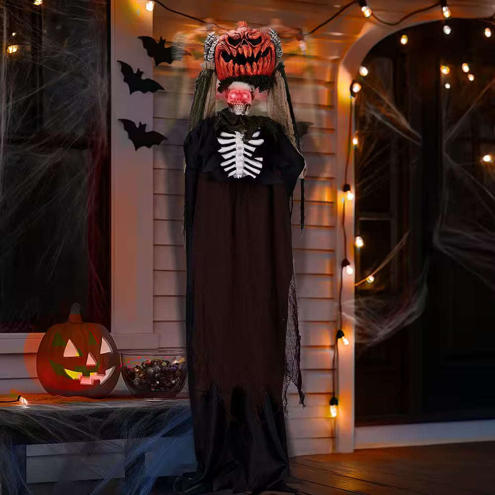 5. 6 Ft. Lifesize Haunted Animatronics Ghost with Pumpkin Head with Creepy Sound Outdoor Indoor Halloween Decoration