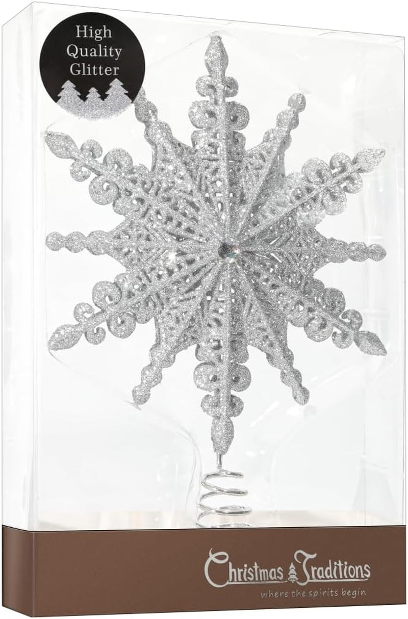8 Inch Silver Glittered Filigree Christmas Star Tree Topper Star/Home Décor Ornaments (Silver)