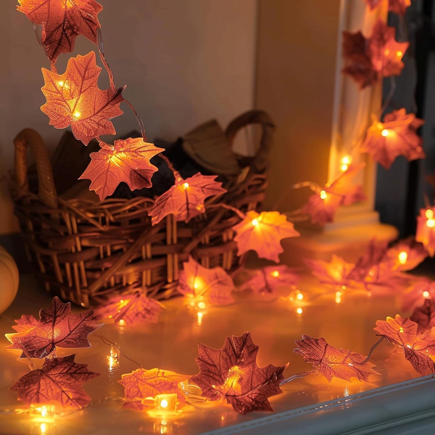 2 Pack Thanksgiving Maple Leaf String Lights, Total 20FT 40 LED Battery Operated Lighted Fall Leaves Garland, Halloween Decorations for Indoor Outdoor Autumn Harvest Decor
