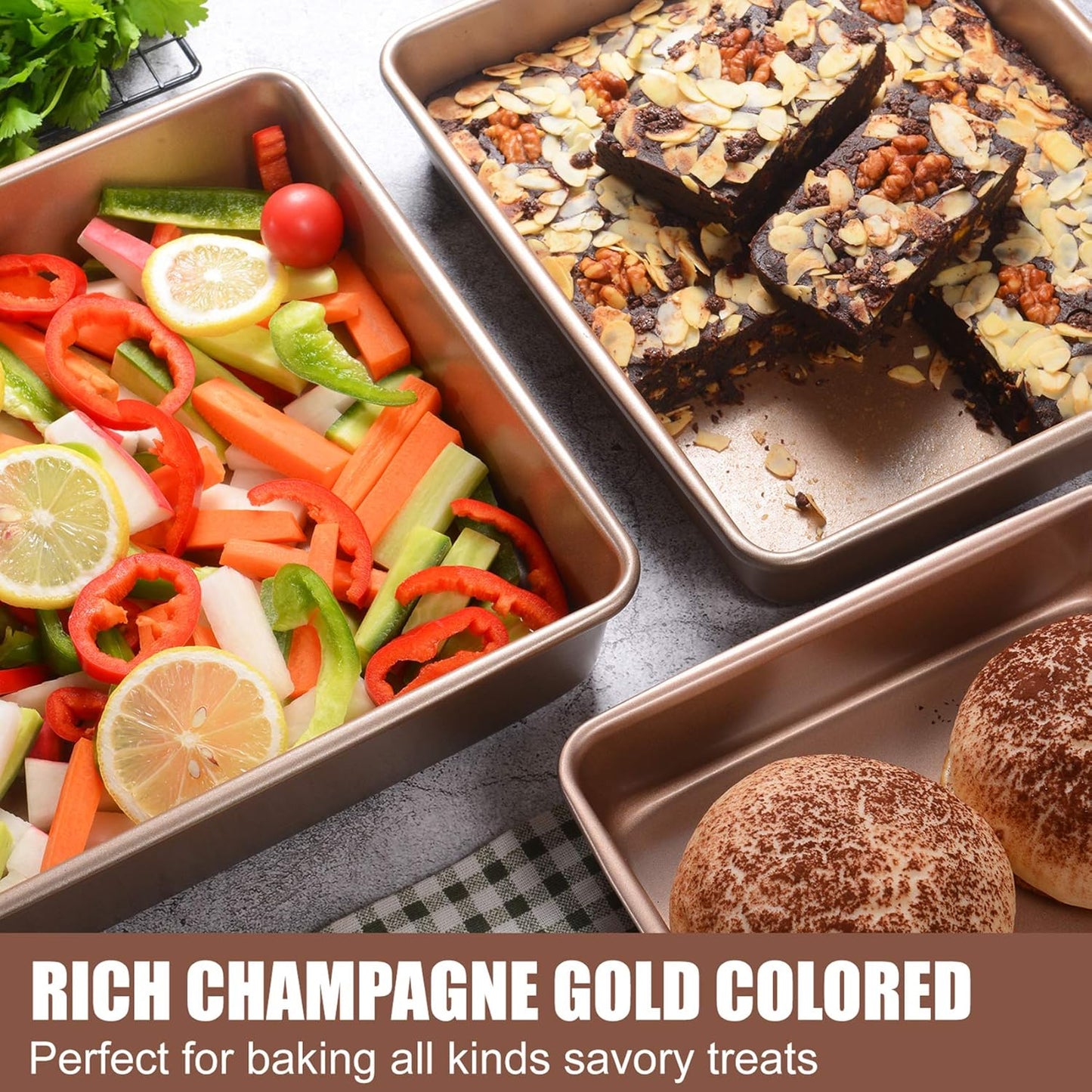 Deep Baking Pans Set Nonstick,Rectangle Cake Pan,Stackable Bakeware Set of 3,Oven Trays for Baking,Gold(9''/11''/13'')