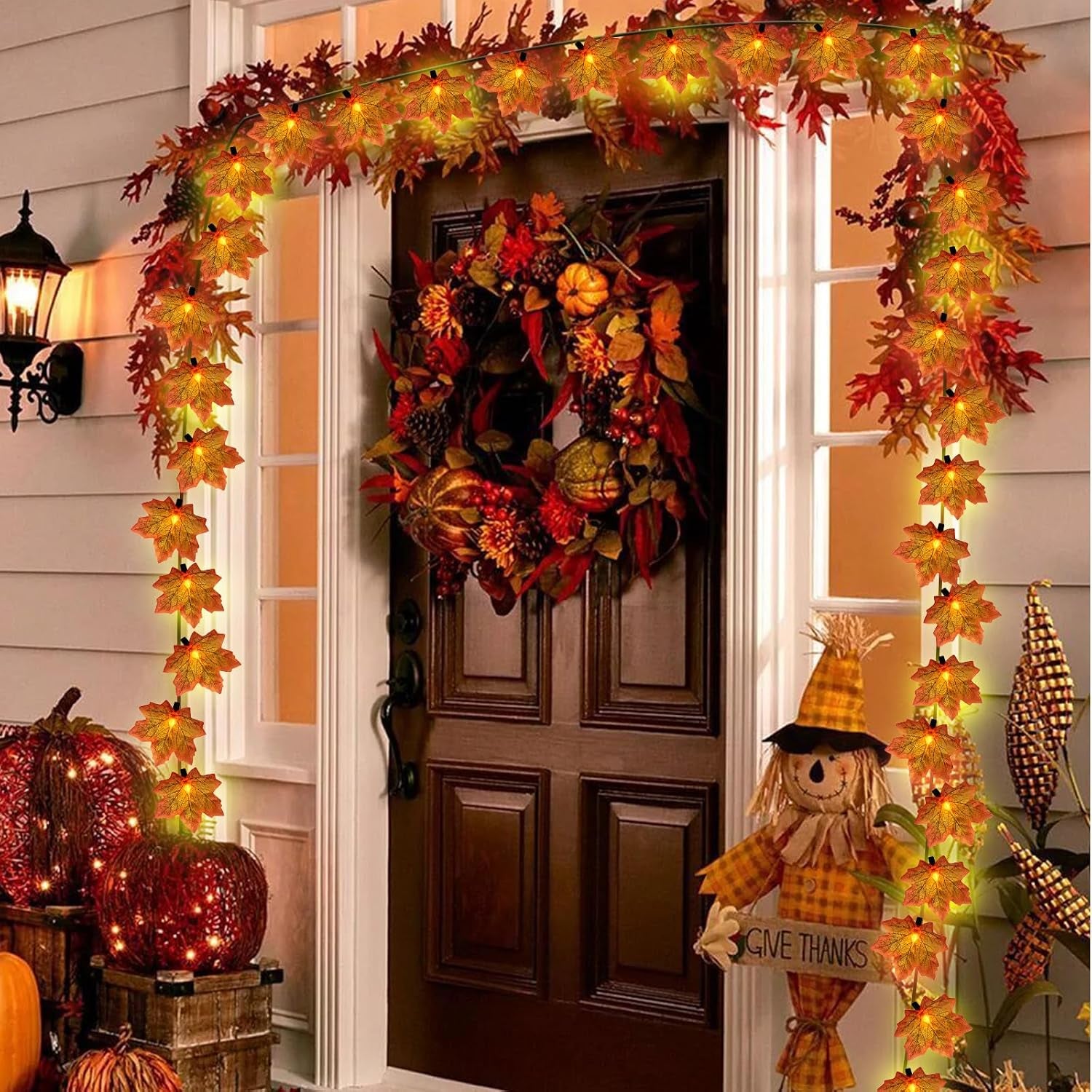 Fall Decor Orange Maple Leaf String Lights Plug In, 13.6Ft LED Outdoor Thanksgiving Decorations Lights with 35 Maple Leaves Light, Hanging Halloween Leaves Light for Outdoor Fall Party Window