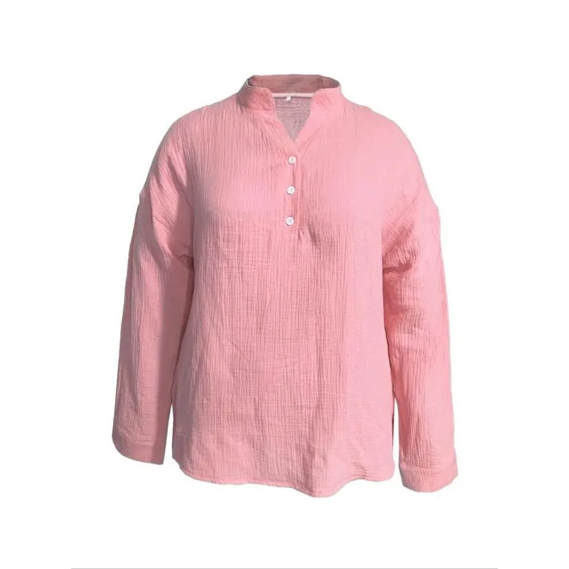 Plus Size 1XL-5XL Womens Casual Button up Shirts Summer Loose Pleats V Neck Long Sleeve Shirts Solid Blouses Tops Female