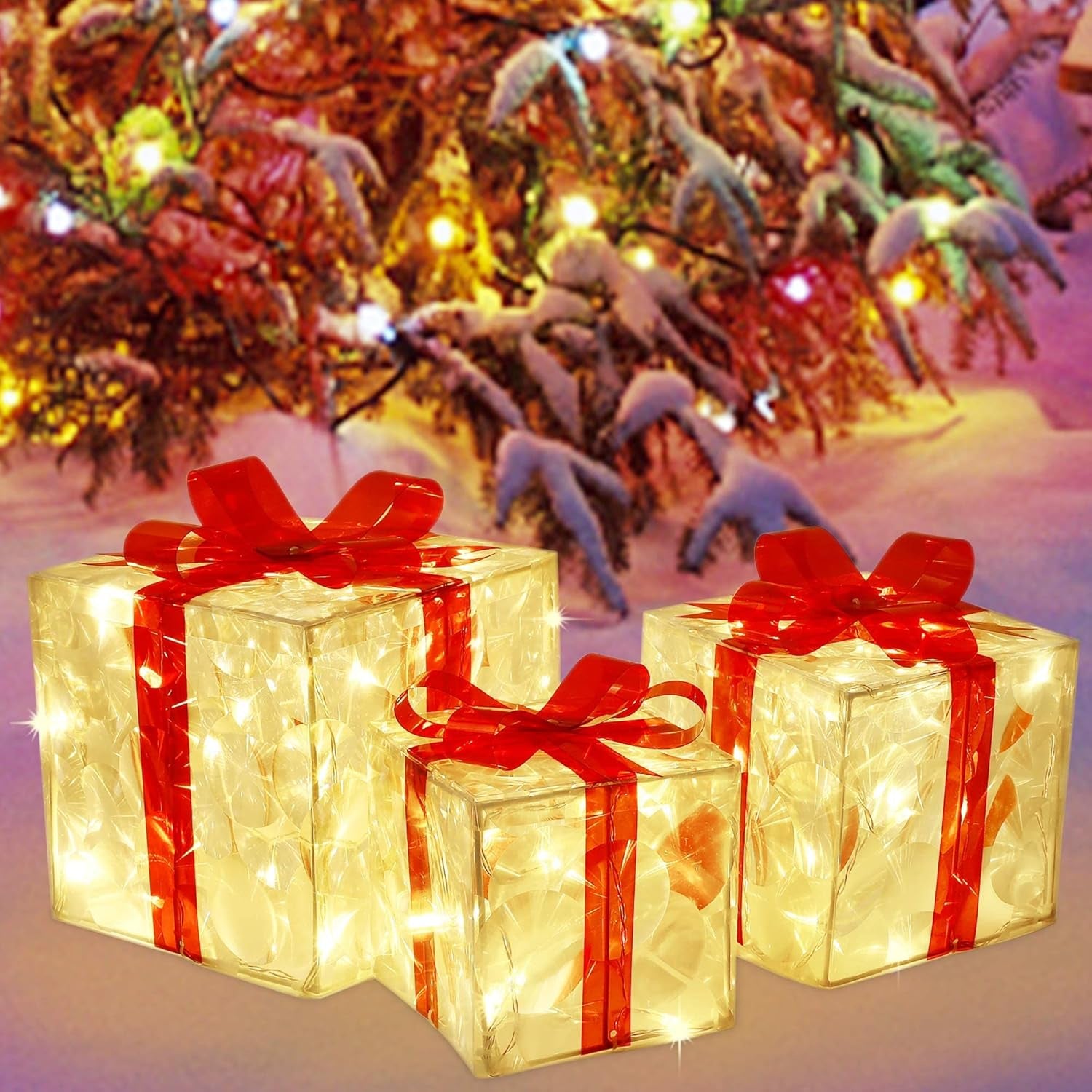 Christmas Lighted Boxes, Set of 3 60 LED Light up Decor Outdoor, Light up Christmas Boxes Present Decorations Outdoor Yard