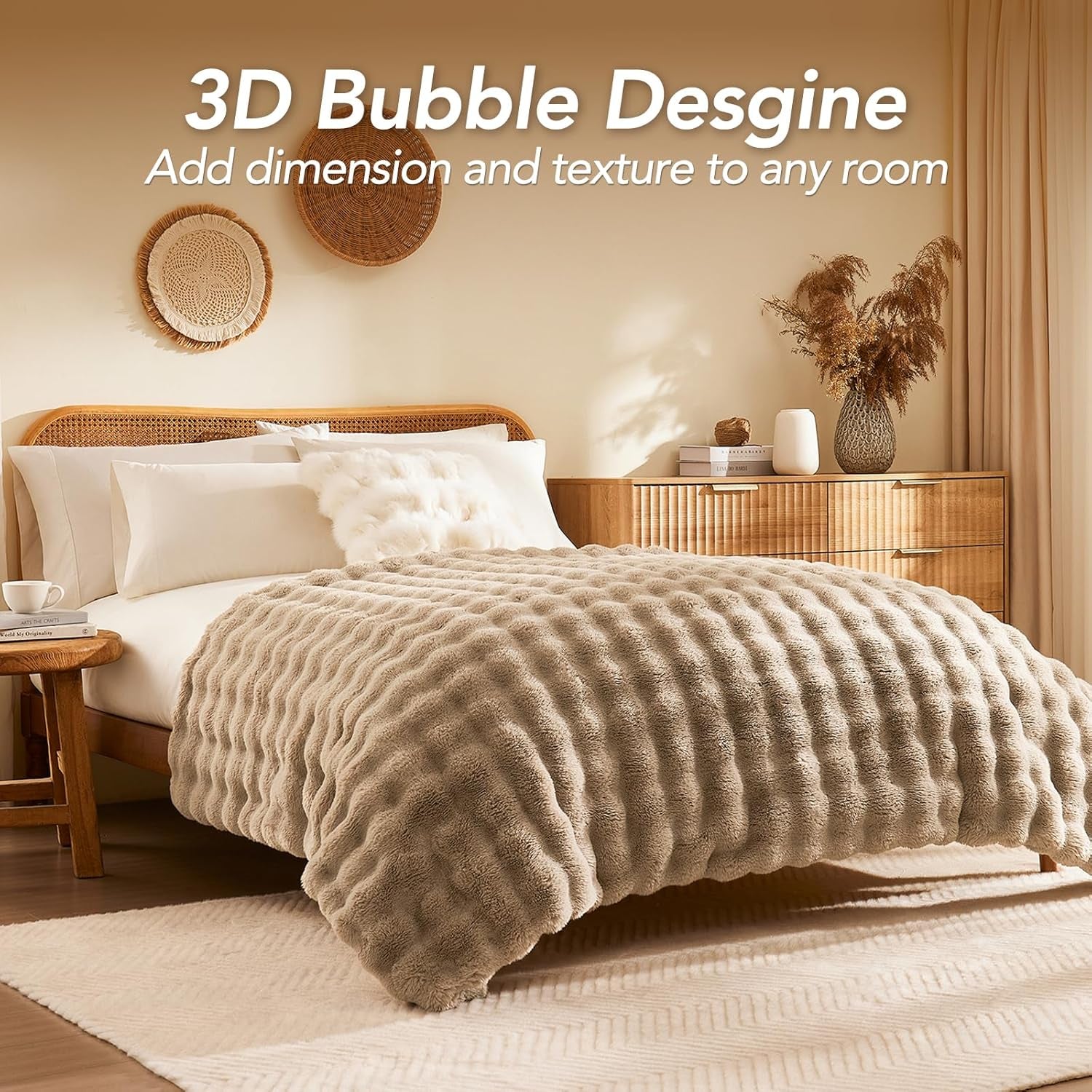 Faux Fur Throw Blanket: 50" X 60" Luxury Soft Fluffy Rabbit Fur Blankets Twin for Couch Bed Sofa - Cozy Plush Bubble Blankets for Winter: Flannel Fleece Decorative Blanket(Light Linen)
