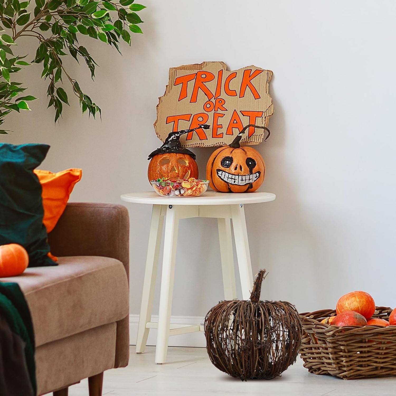 Wicker Halloween Pumpkin Decor - Fall Harvest Rattan Grapevine Pumpkin Thanksgiving Festive Tabletop Decor for Home Halloween, 9.8X8.7 Inch