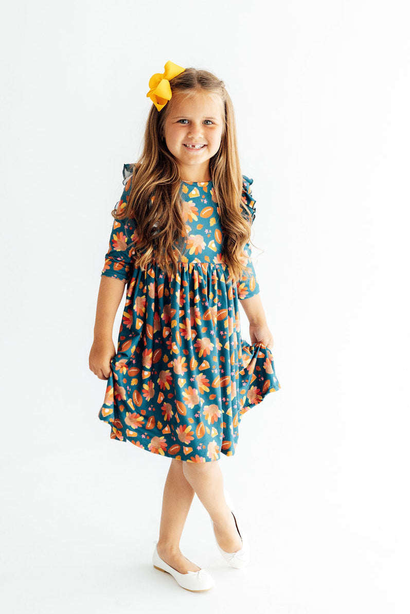 Gobble til You Wobble 3/4 Sleeve Ruffle Twirl Dress Baskit Bazaar